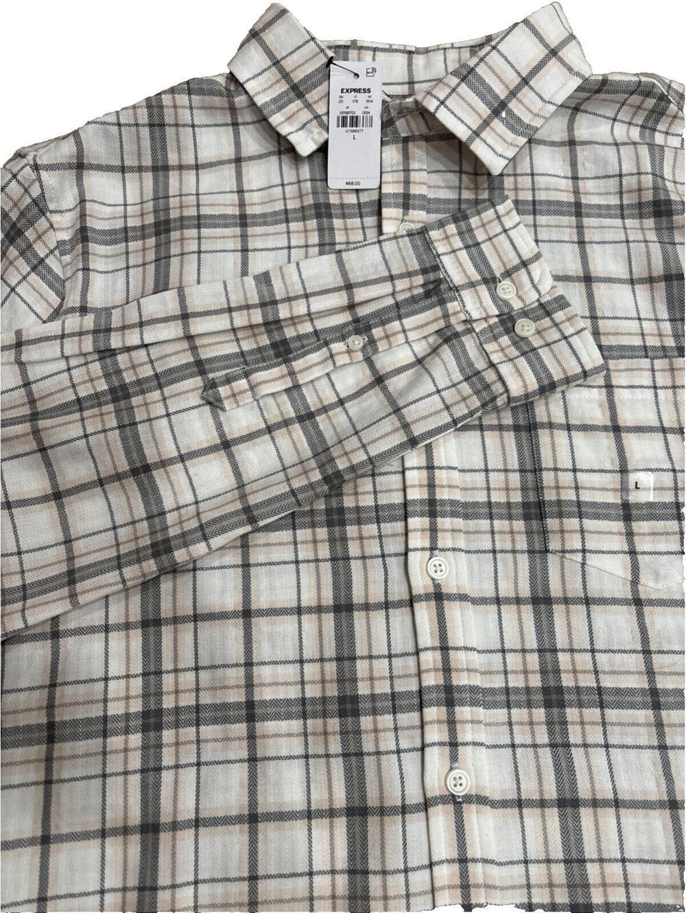 Express Men’s Plaid Cotton Soft Wash Shirt Cream Gray Long Sleeve Size L